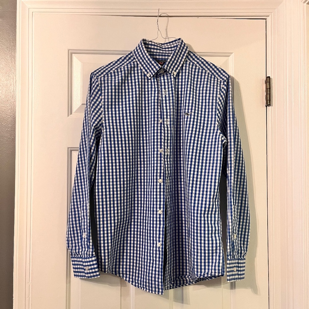 Vineyard Vines button-down, long-sleeved shirt.  Blue/white checked